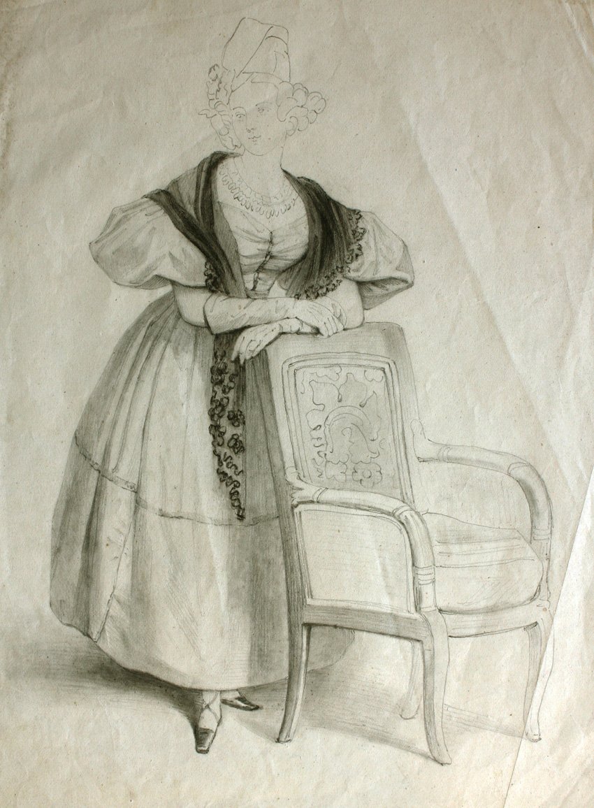 Figura femenina, de Rosario Weiss, Burdeos o Madrid, 1830-38, lápiz negro sobre papel, 262 x 203 mm.