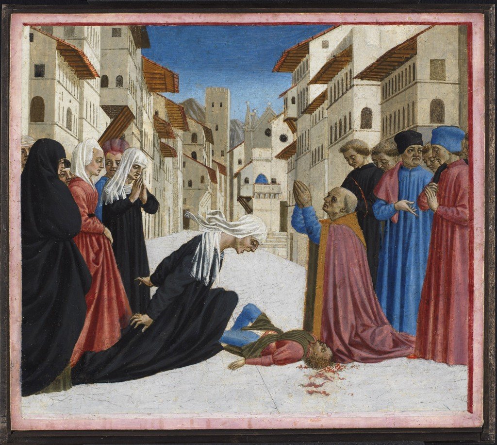 San Zenobio, obispo de Florencia, resucita al hijo de la viuda, el cual murió por un carro tirado por bueyes en la calle Borgo deglo Albizzi, Florencia , alrededor de 1440.© Fitzwilliam Museum, Cambridge.