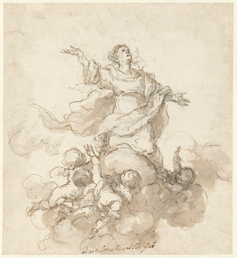 Asunción de la Virgen Bartolomé Esteban Murillo Lápiz negro, pluma y aguada de tinta castaña y toques de aguada gris, 216 x h. 1665 - 1668 © Hamburger Kunsthalle / bpk, Foto: Christoph Irrgang