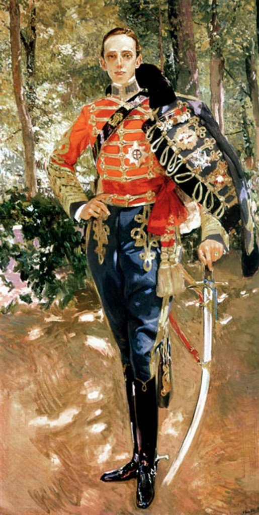 Alfonso XIII con uniforme de húsar en los jardines de La Granja, por Joaquín Sorolla y Bastida, 1907,  1907, óleo sobre lienzo, 208 x 108,5 cm, Patrimonio Nacional.