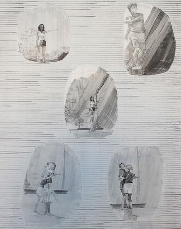 “Amnèsies”, 2012, se compone de una serie de pinturas realizadas a partir de fotografías del álbum familiar de la artista.