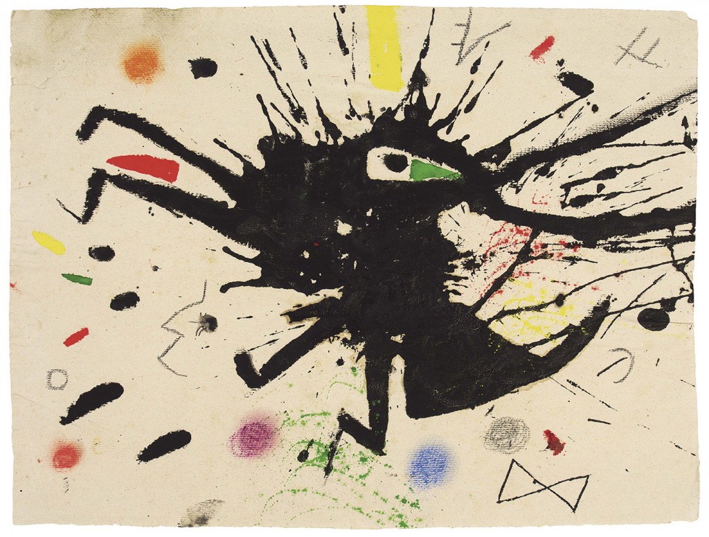 Sin título, por Joan Miró, h. 1975, gouache y pastel, 40 x 55 cm, colección particular, Barcelona. Arriba, McGovern, por Alexander Calder, 1972, gouache y tinta sobre papel, 74 x 109 cm, colección particular, Nueva York.