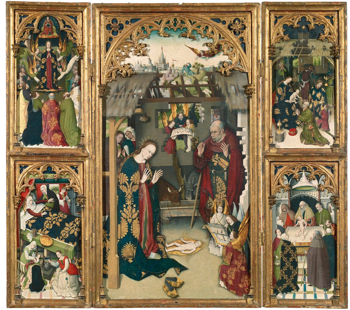 "Tríptico del Nacimiento de Jesús", del Maestro del tríptico del Zarzoso, óleo y temple sobre tabla, 136,5 x 153,9 cm (abierto), h. 1450 Madrid, Museo del Prado.