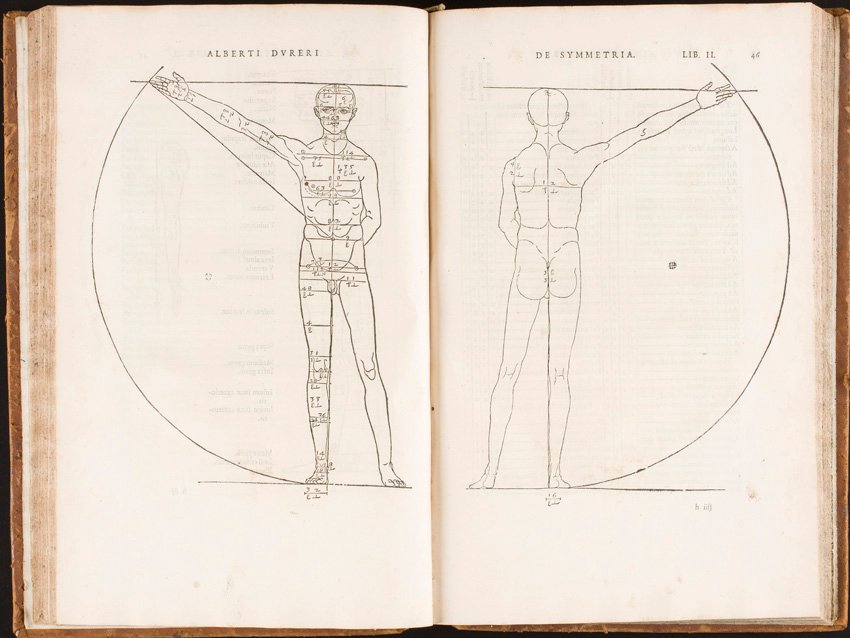 "Clarissimi Pictoris et Geometrae de Symmetria partium humanorum corporum Libri quatuor, è Gemanica lingua", in Latinam versi, Alberto Durero, París, 1557. Arriba, "Segmenta Nobilium Signorum et Statuarum, Franciscus Perrier, Roma, 1638, ambas, junto a "San Francisco predicando a las aves" Juan Carreño de Miranda, óleo sobre lienzo, 244 x 167 cm. Todas las imágenes cortesía del Museo del Prado.