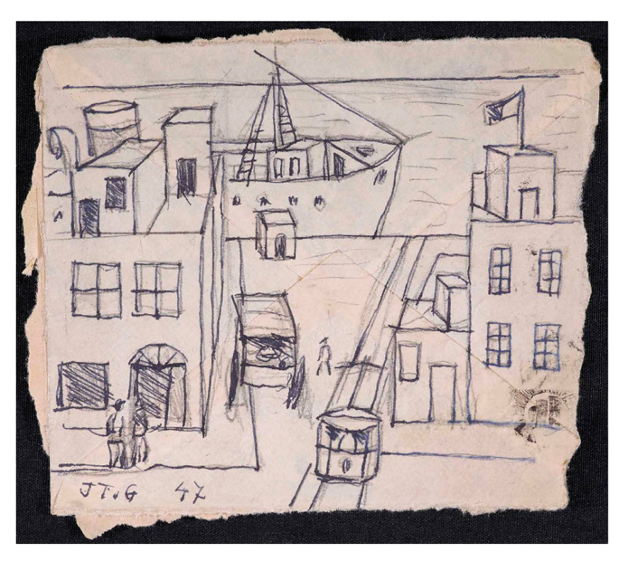 “Perspectiva”, tinta sobre papel, 10,7 x 6.5 cm, 1947. Arriba, "Constructivo en cinco colores", óleo sobre madera, 22,5 x 33,6 cm, 1929, Procedencia: Marcos Augusto Torres-Andrada.