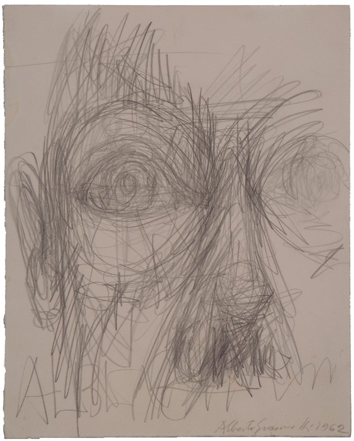 Cabeza. Proyecto para Jacques Dupin "Alberto Giacometti", Ediciones Maeght, París, 1962, lápiz, 26,1x 21 cm. © Alberto Giacometti Estate / VEGAP, 2015.