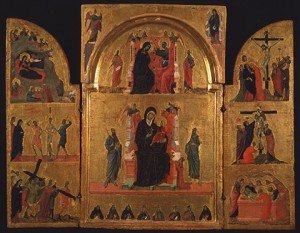 Tríptico de Virgen en un trono e historias de la Virgen, por Duccio di Boninsegna y su taller, 1311-1313.