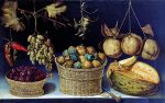 Cestas con ciruelas e higos y un melón sobre una repisa con pimientos, uvas y membrillos colgados, por Miguel de Pret, h. 1630-1644, óleo sobre lienzo, 57, 5 x 90 cm, Colección Abelló.