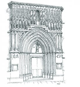 Dibujo de la puerta de san Ivo de la seo de Barcelona, por Miguel Sobrino.