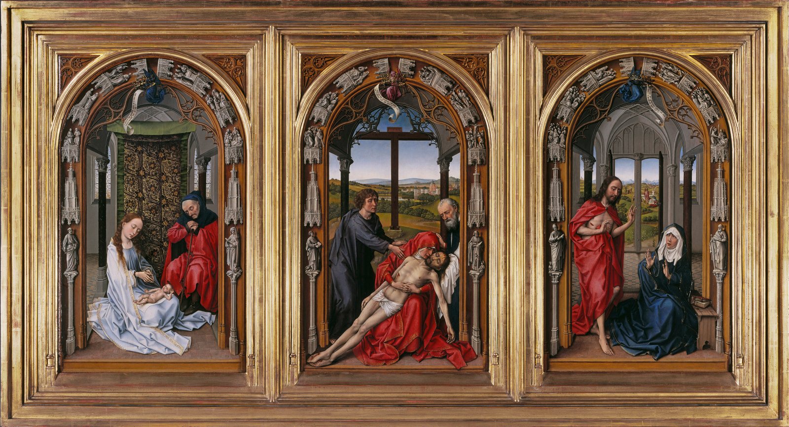Tríptico de Miraflores, por Rogier van der Weyden, óleo sobre tabla de roble, antes de 1445, Berlín, Gemäldegalerie, Staatliche Museen. Arriba, detalle de El Calvario.