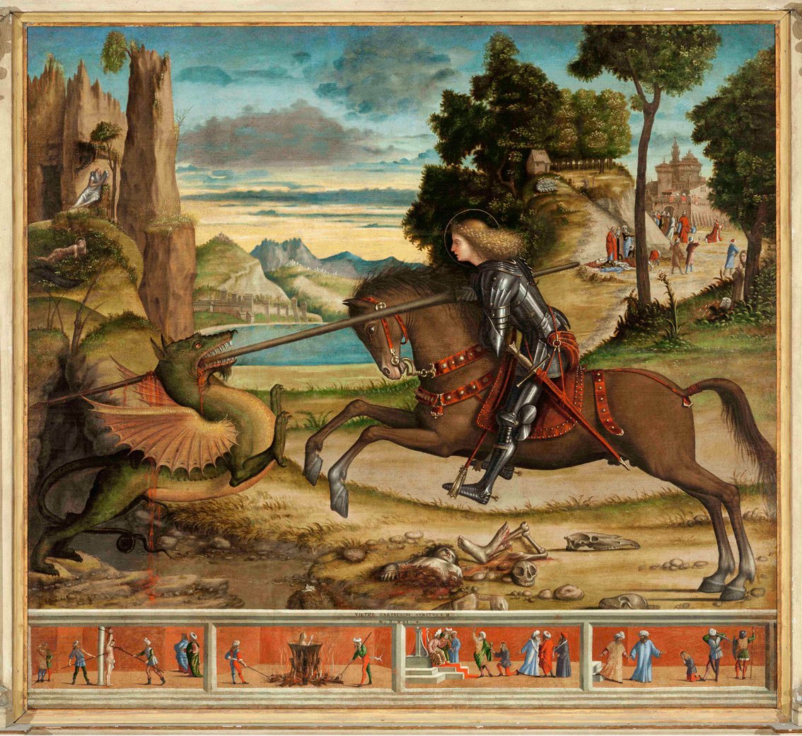 San Jorge luchando con el dragón y cuatro episodios de la vida de san Jorge, de Vittore Carpaccio, Venecia, Maggiore ©Matteo de Fina. Arriba, una obra de Vittore Carpaccio.