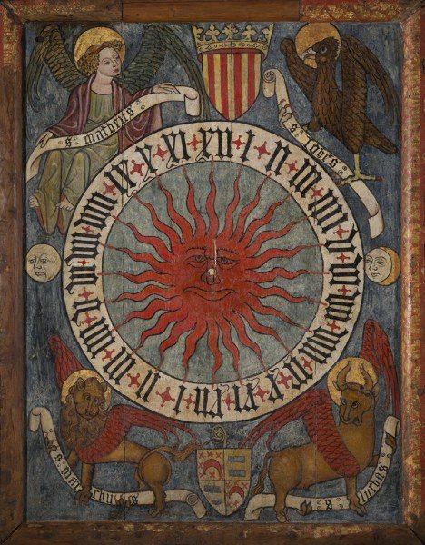 Indicador horario del reloj del monasterio de Santa María de Veruela, 1475/76-79, pintura al temple sobre tabla, 200 x 145 cm, Pozuelo de Aragón. Iglesia parroquial de la Asunción de Nuestra Señora. Obispado de Tarazona. Fotografía: José Garrido Lapeña.