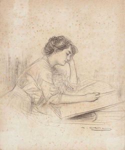 La lectura de Julia, de Ramon Casas i Carbó , carbón sobre papel expuesto en el stand de la Galeria de Barcelona Gothsland.