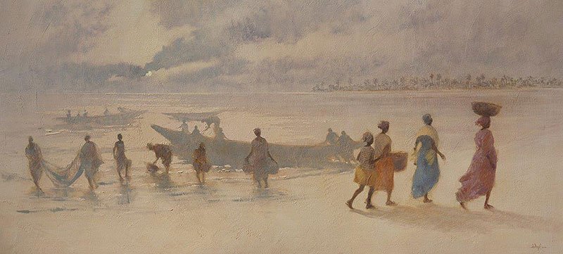 Tarde playa, técnica mixta sobre tela, 73 x 160 cm. Arriba, Keuo, acrílico sobre tela, 195 x 195 cm.