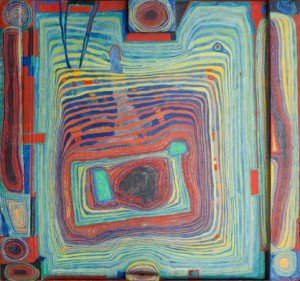 169 Sangre flotando en un círculo y yo tengo una bicicleta, por Friedensreich Hundertwasser, 1953, óleo sobre tablero, caliza, zinc y cola, 51 x 54,5 cm.