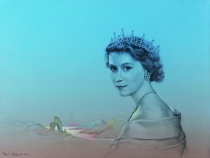 La reina Isabel II y el río de la vida, por Valentín Kovatchev, 2013, óleo y grafito sobre lienzo, 55 x 73 cm.