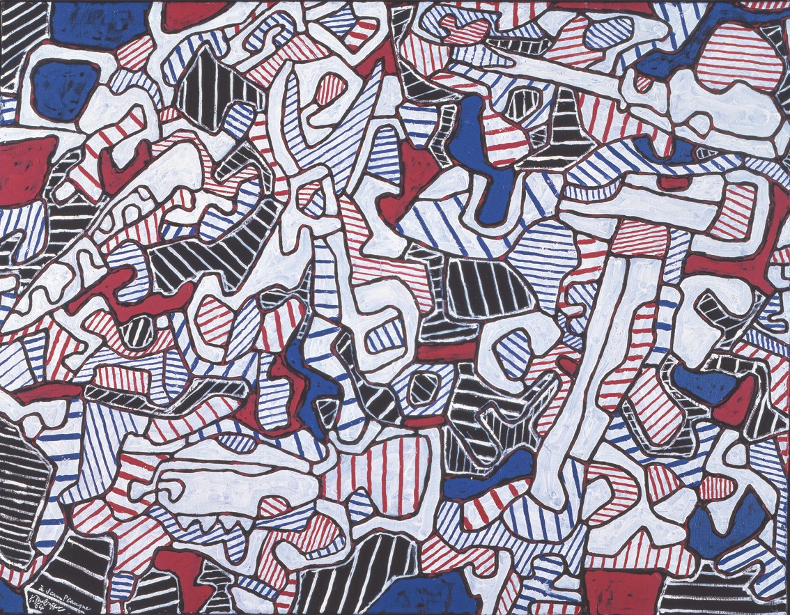 Société d’outillage, 1964, óleo sobre tela, 89 x 116 cm. Arriba, Palmeraie avec petit soleil jaune, 1948, gouache sobre papel, 43,5 x 54,2. Todas las imágenes, cortesía galería Marc Domènech.
