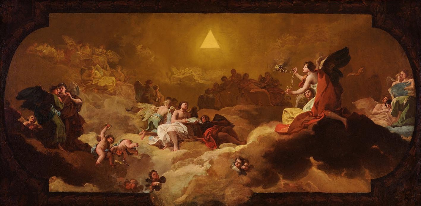 La Gloria o Adoración del Nombre de Dios (boceto), 1772, Óleo sobre lienzo. 75 x 152 cm. Zaragoza, Museo Goya. Colección Ibercaja. Arriba, detalle de Virgen con el Niño, h. 1772-73, óleo sobre lienzo, 83,7 x 58,30 cm, Zaragoza, Colección Félix Palacios Remondo.