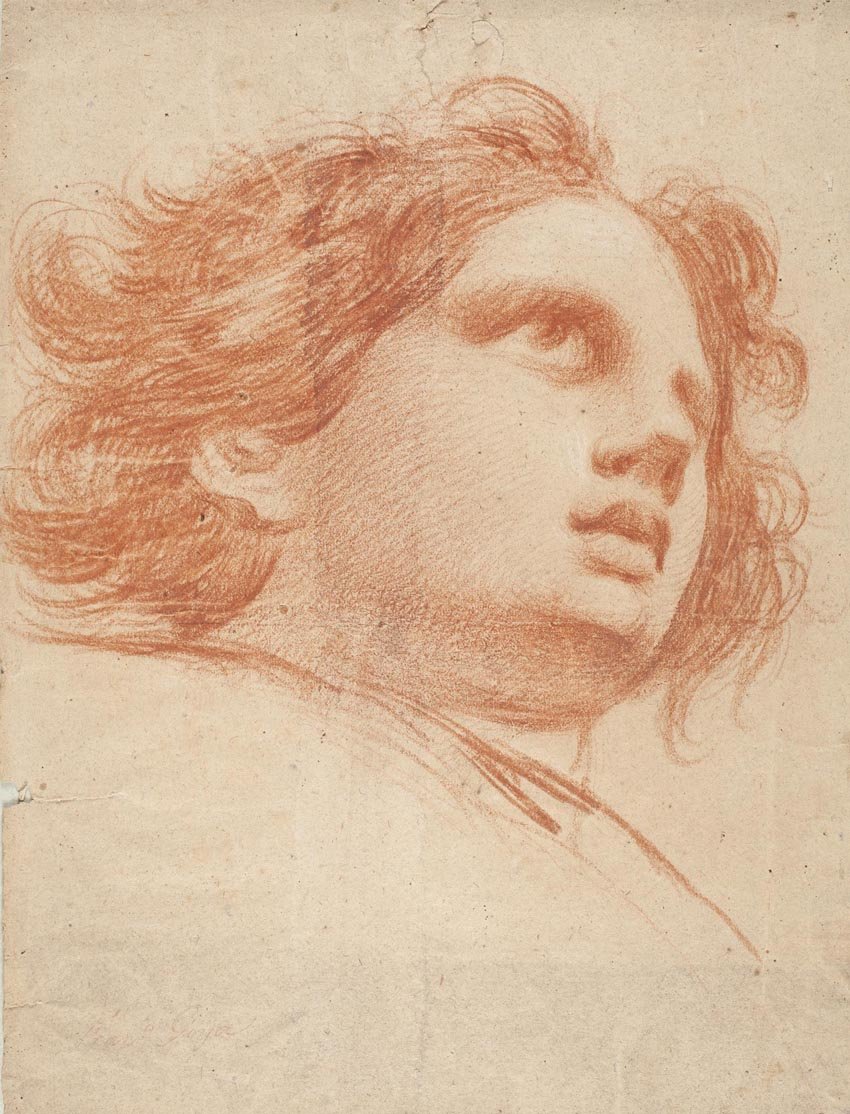 Cabeza de ángel, dibujo preparatorio para La Gloria, freso del coreto de la basílica del Pilar, 1772, sanguina sobre papel de estraza agarbanzado, Madrid, Museo del Prado.