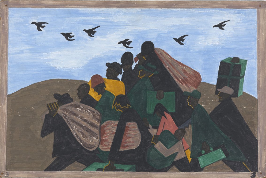 The Migration Series, panel 388, por Jacob Lawrence. Arriba, The Migration Series, Panel 1, de Jacob Lawrence.