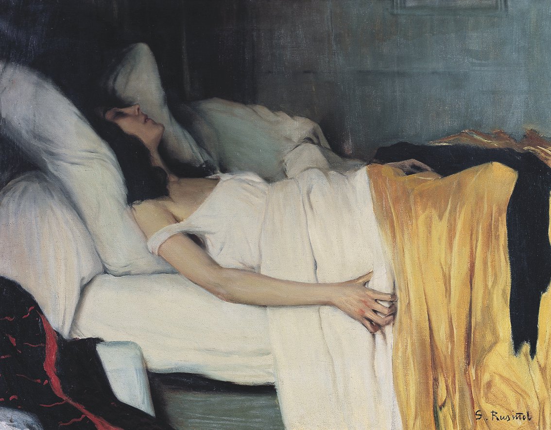 La morfinómona, de Santiago Rusiñol, 1894, óleo sobre lienzo, 87,3 x 115 cm, Sitges, Museu del Cau Ferrat, Colecció Santiago Rusiñol. Arriba, Mujer del teatro (El diván japonés), 1901, acuarela y gouache sobre cartón, 39 x 53 cm, colección particular © Succession Picasso, by SIAE 2015.