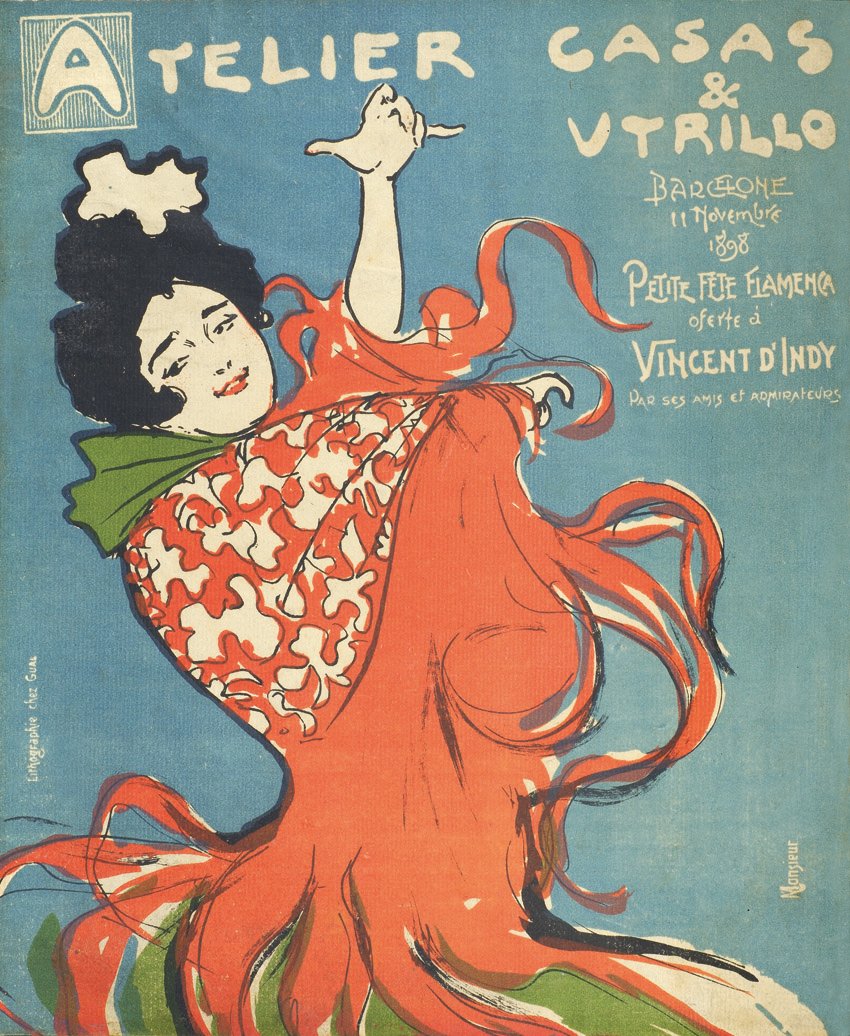 Atelier Casas & Utrillo. Pequeña fiesta flamenca ofrecida a Vincent d’Indy por sus amigos y admiradores, 11 de noviembre de 1898, litografía, 29 x 24 cm, Barcelona, MAE, Instituto del Teatro.