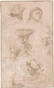 Estudio de cabezas, por Rembrandt van Rijn, h. 1633, grabado a punta de plata en vitela preparada, Rotterdam, Museo Boijmans Van Beuningen.