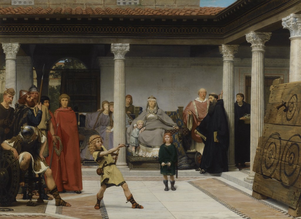 La educación de los hijos de Clovis, por Lawrence Alma-Tadema, 1861. Arriba, Las mujeres de Amphissa, por Lawreence Alma-Tadema, 1887.