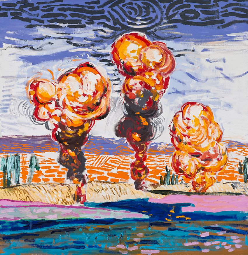 Tiempo de guerra, óleo sobre lienzo, 90 x 90 cm, 2015. Arriba, Bostezo, óleo sobre lienzo, 350 x 600 cm, 2014, ambas de Lacalle. Todas las imágenes, cortesía de la Galería Marlbourg de Madrid.