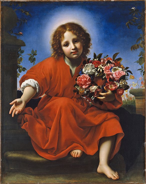 Niño Jesús con flores, por Carlo Dolci, 1663.Museo Thyssen-Bornemisza, Madrid.