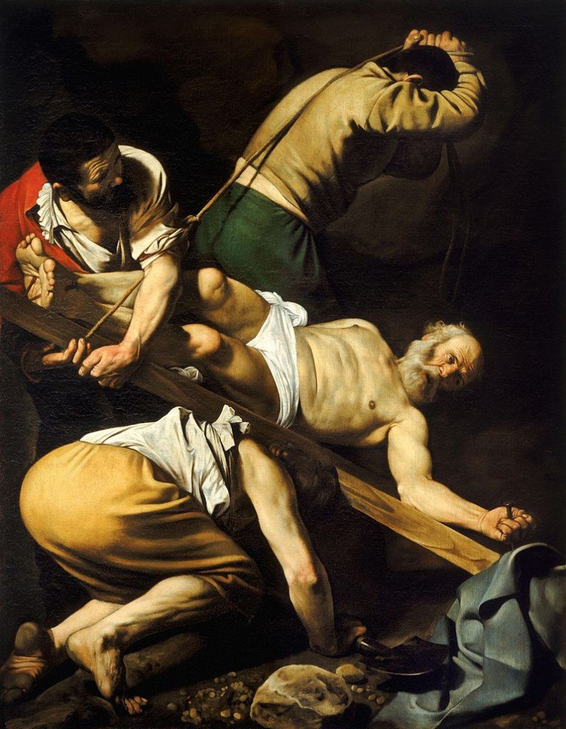 La crucifixión de San Pedro, 1600-1601, por Caravaggio. Capilla Cesari de Santa Maria del Popolo.