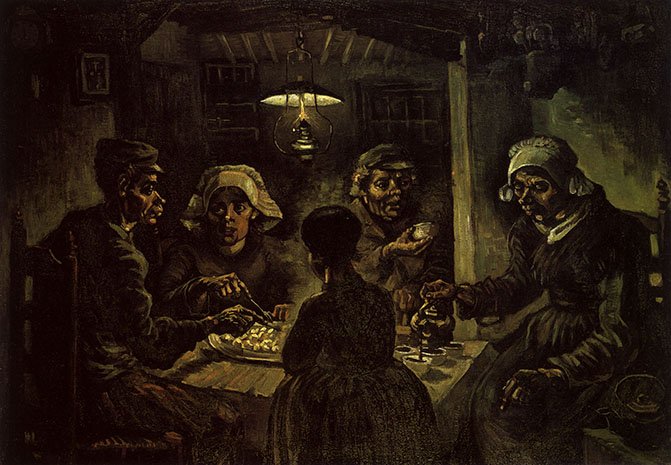Los comedores de patatas, por Vincent van Gogh, Nuenen, abril 1885, óleo sobre lienzo, 82 x 114 cm, Ámsterdam, Museo Vincent van Gogh.