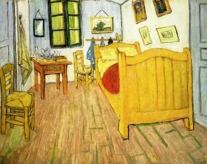 Dormitorio de Van Gogh, por Vincent van Gogh, Arlés, octubre 1888, óleo sobre lienzo, 72 x 90 cm, Ámsterdam, Museo Vincent van Gogh.