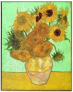 Jarrón con doce girasoles, por Vincent van Gogh, Arlés, agosto 1888, óleo sobre lienzo, 91 x 72 cm, Nueva Pinacoteca de Múnich.