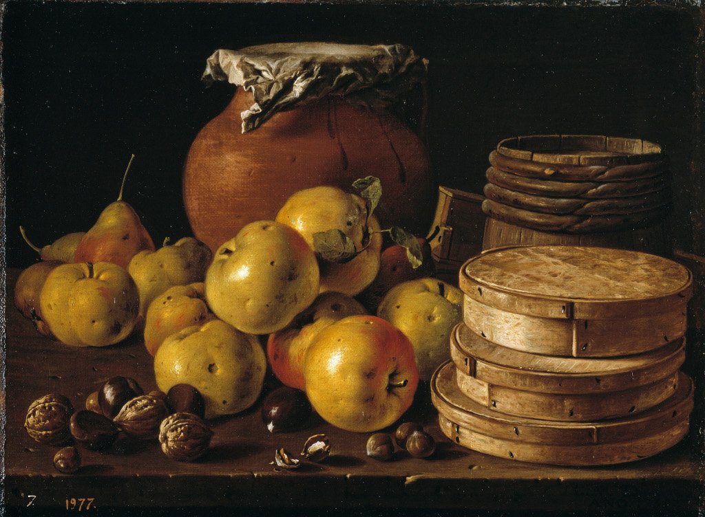 Bodegón con manzanas, peras, cajas de dulce y recipientes, de Luis Meléndez, óleo sobre lienzo, 37,5 x 50,3 cm, 1759, Madrid, Museo del Prado.