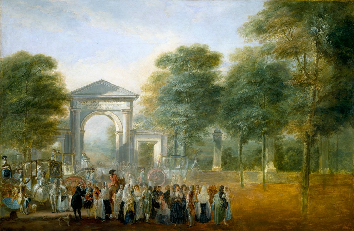 El Jardín Botánico desde el Paseo del Prado, por Luis Paret y Alcázar, óleo sobre tabla, 58 x 88 cm, 1790, Madrid, Museo del Prado.