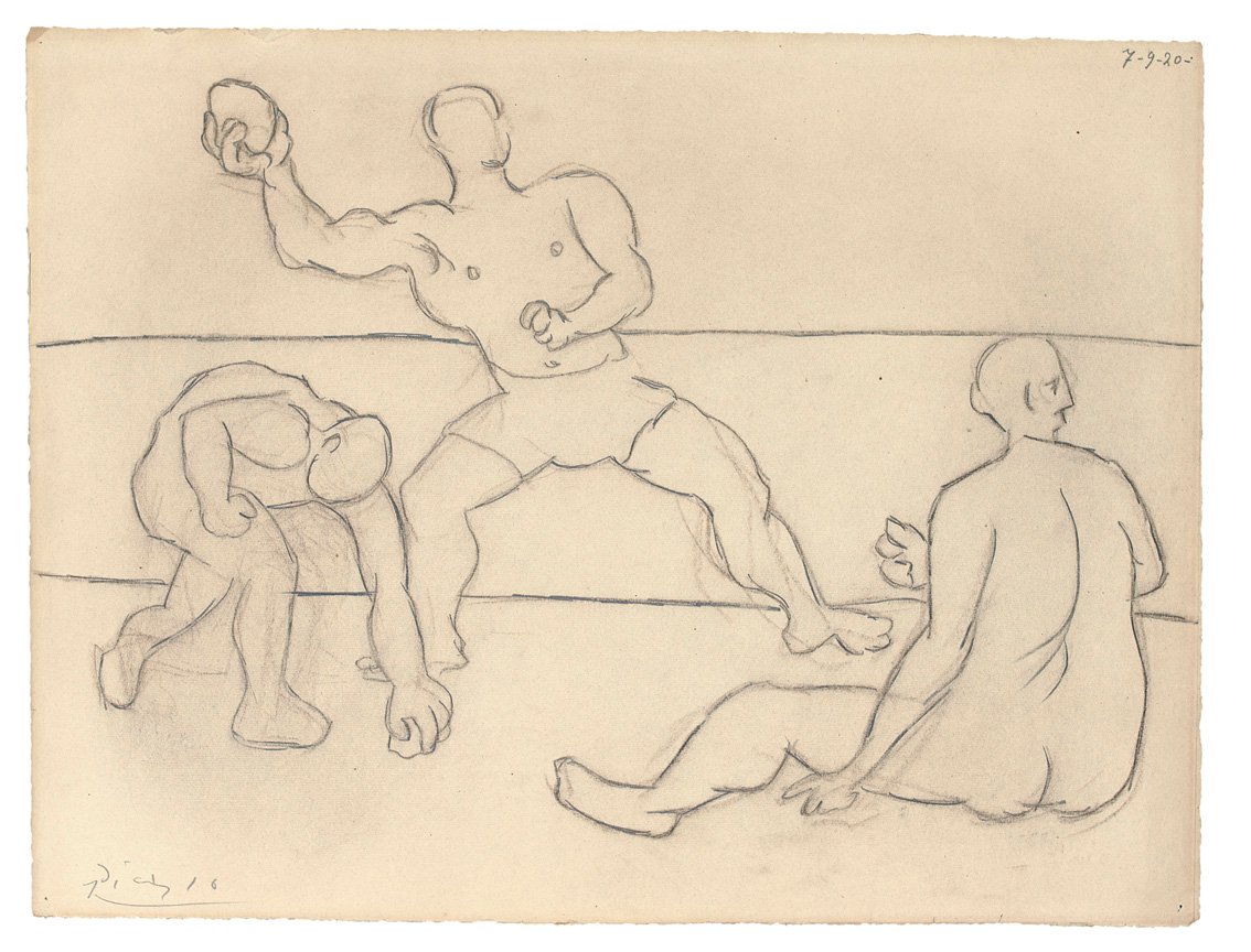 Homme Lançant une pierrek, por Picasso, carboncillo y lápiz sobre papel, firmado y fechado 7-9-1920.