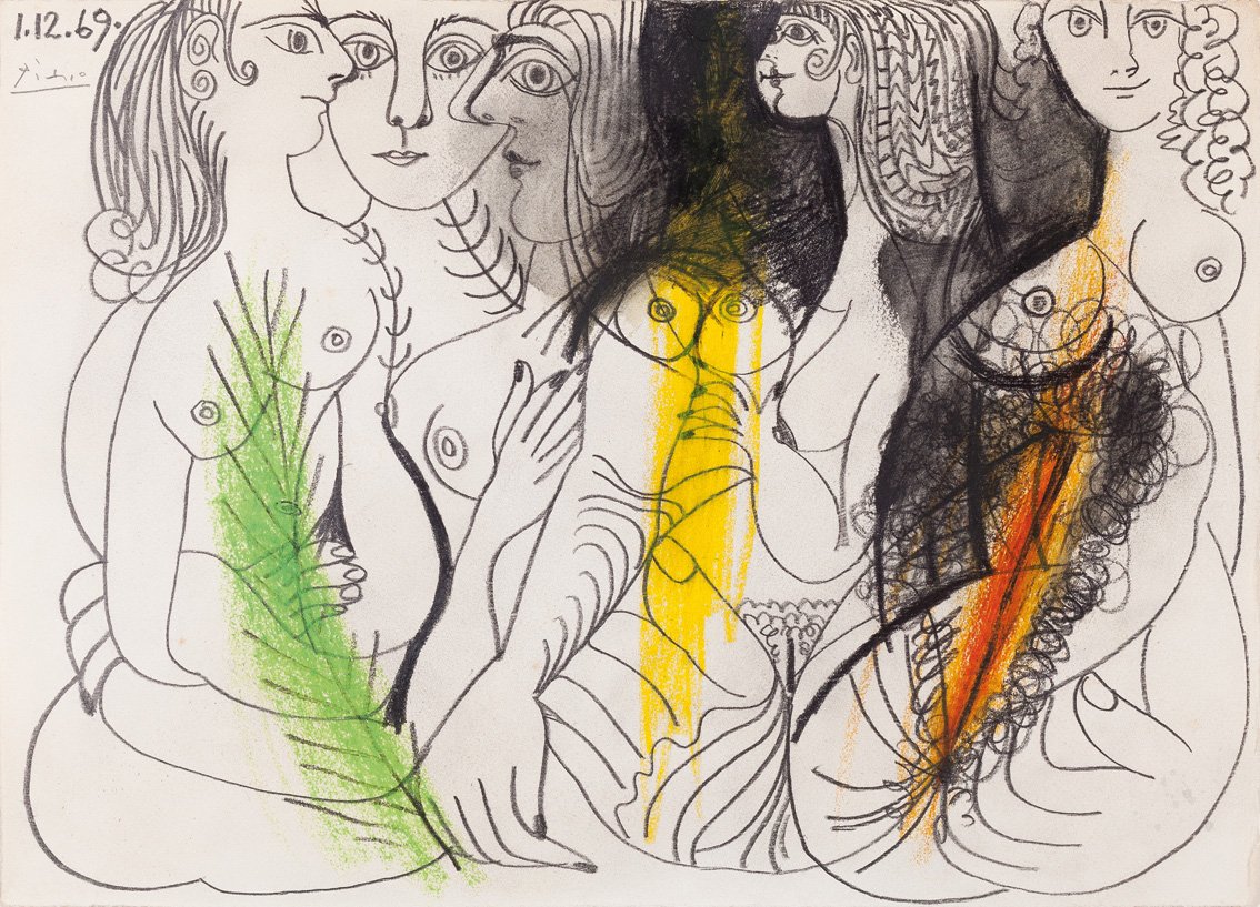 Plusieurs femmes nues, por Picasso, lápiz y lápices de colores, fechado y firmado 1-12-1969, 25 x 33 cm.