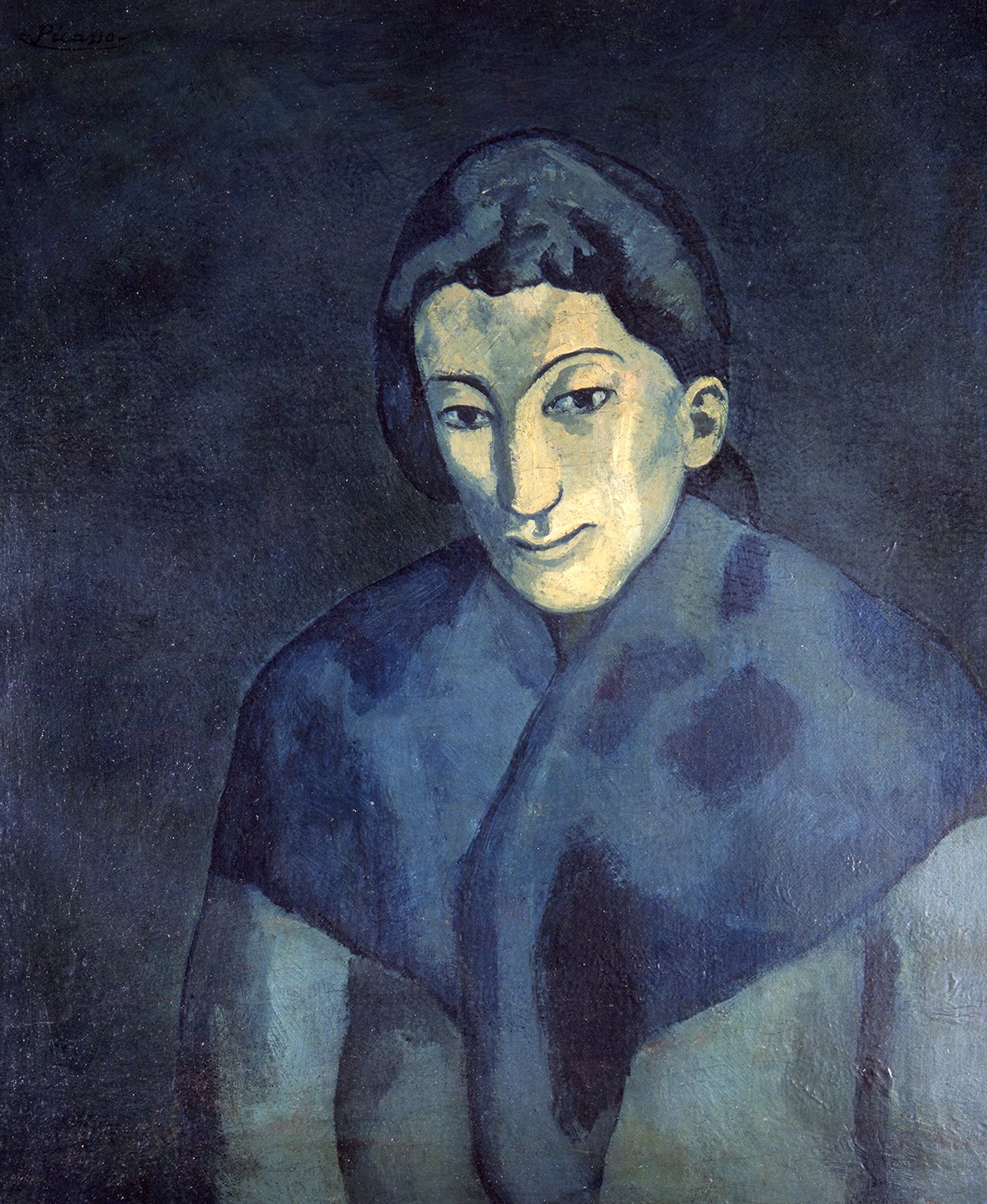 Mujer con manto azul, por Picasso, 1902, óleo sobre lienzo, 60,3 x 52,4 cm, Aichi Prefectural Museum of Art de Nagoya.