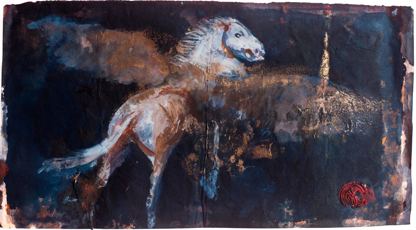 Poesia, 2013, técnica mixta, cola pegada, 27 x 43 cm,colección particular. Arriba, Come lo squarcio di un lampo di luna, 2013, técnica mixta , 150 x 150 cm, Fundación Allesandro Kokocinski Foto: © Manuela Giusto. Todas las imágenes, cortesía de la Fundación Roma.