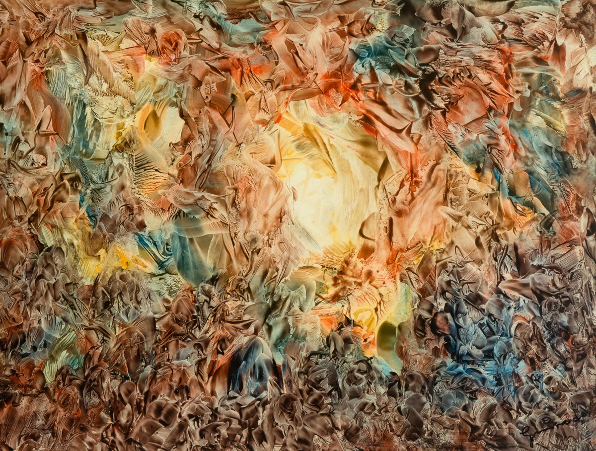Reencarnaciones bajo tierra, h. 2000, acrílico sobre papel, 50 x 65,5 cm, expuesto en el apartado Visiones.