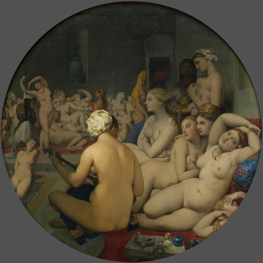El baño turco, por Jean-Auguste-Dominique Ingres, 1862, óleo sobre lienzo adherido a tabla, 108 cm de diámetro, París, Museo del Louvre.