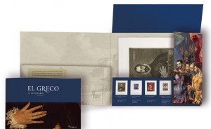Carpeta abierta y folleto de la colección de grabados del Greco. 