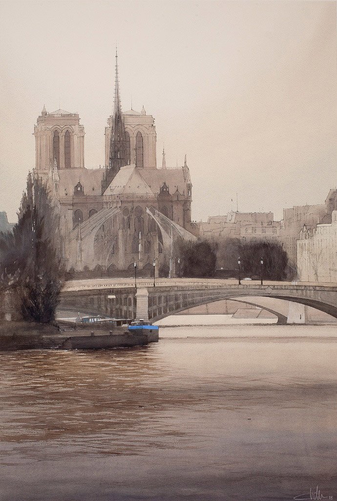 Notre Dame, París, acuarela.