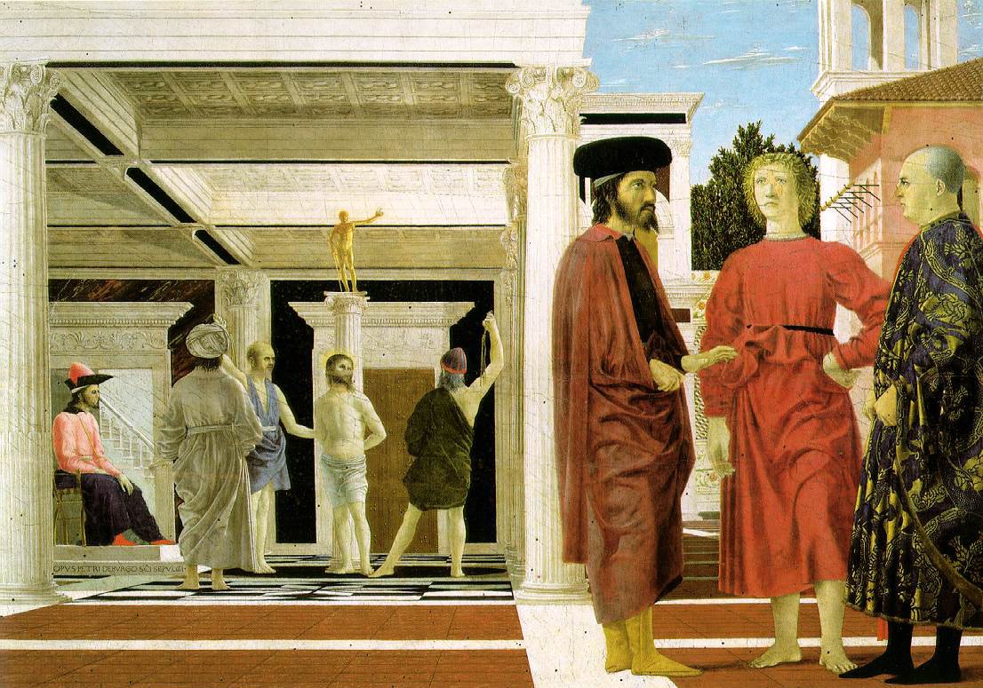 La flagelación, h. 1455, temple sobre tabla, 59 x 81,5 cm, Urbino, Galería Nazionale del Marche.