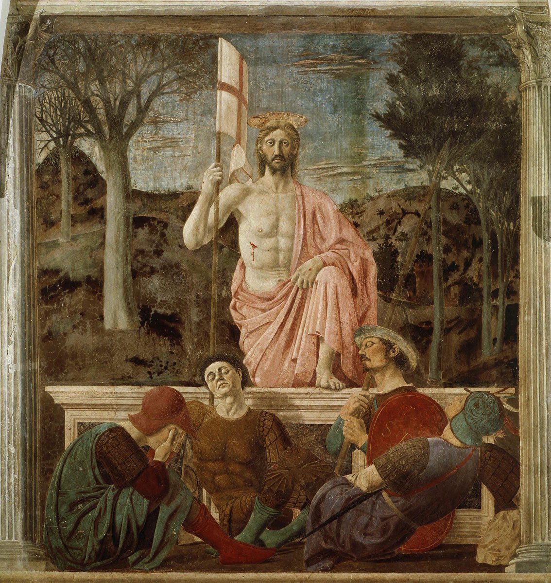 La resurrección de Cristo, 1463-65, fresco, Museo Civico Sansepolcro. El personaje del centro es un autorretrato de Piero della Francesca.