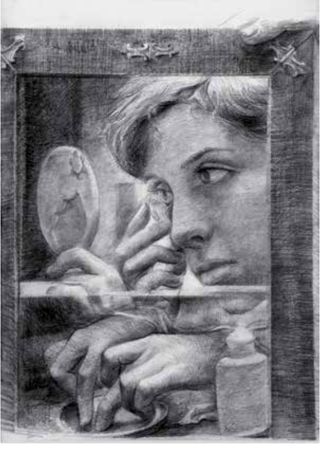 Estudio espejo para "Marcela y su luz", por Julio López Hernández, 1980, grafito sobre papel, 34 x 25 cm.