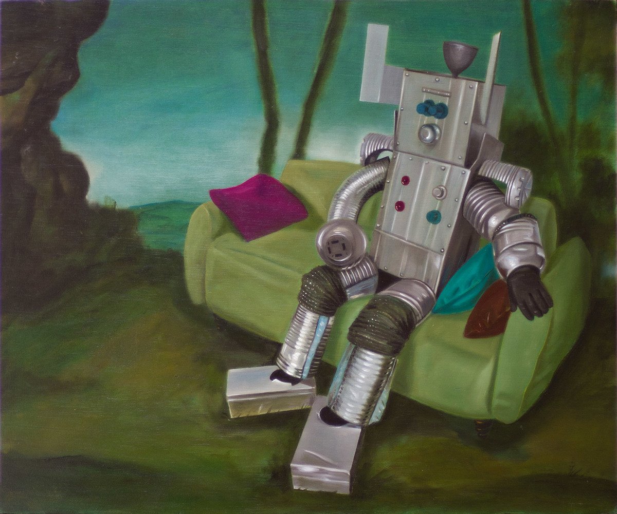Picturator en el jardín (Las acenturas dominicales del robot saturnial), óleo sobre tabla, 38 x 46 cm, 2014, en