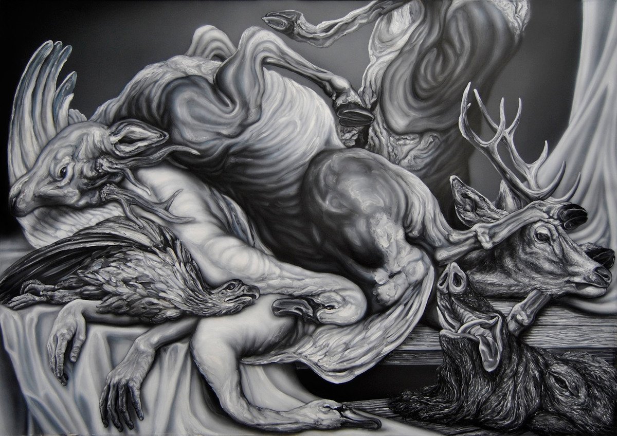 Masa de bestias apilada, de Miguel Scheroff, óleo sobre papel, 140 cm x 200 cm, 2014.