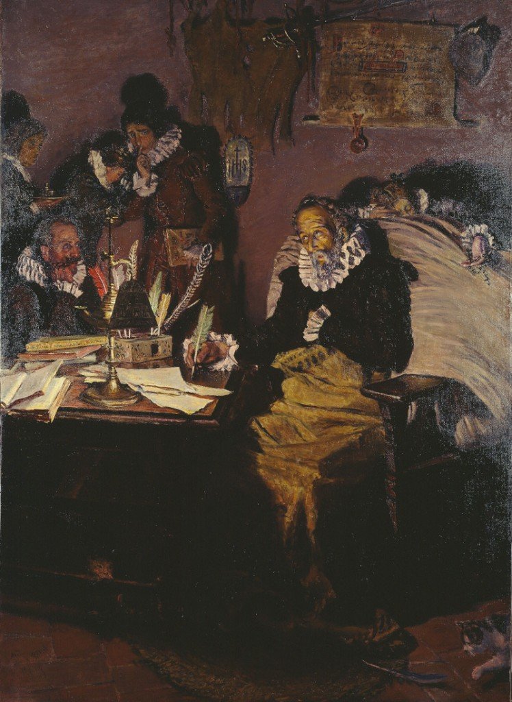Cervantes escribiendo la dedicatoria de su obra al conde de Lemos, por Antonio Muñoz Degraín, 1916, óleo, Biblioteca Nacional de España.